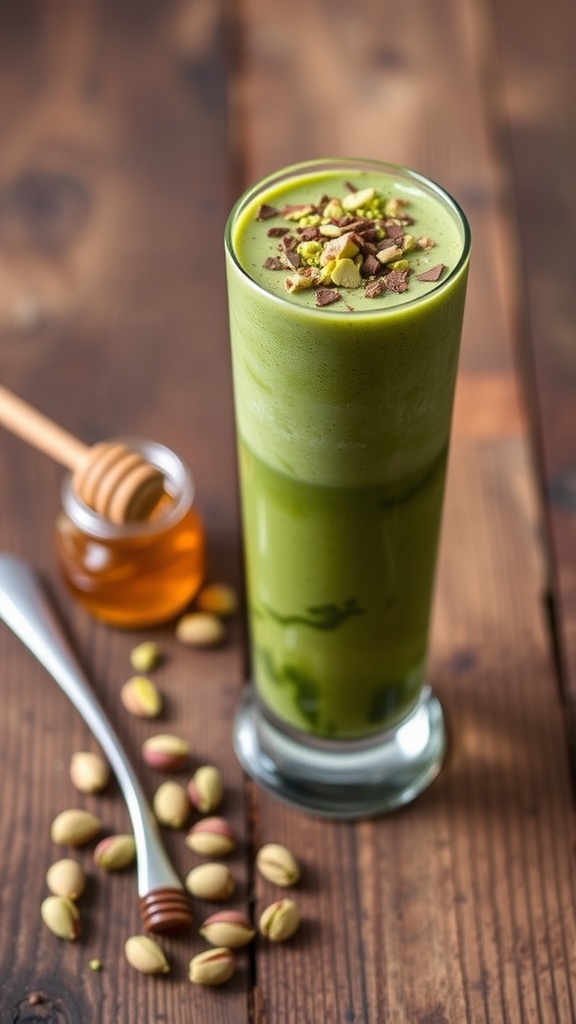 Creamy Pistachio and Dubai Chocolate Smoothie Recipe A creamy pistachio and Dubai chocolate smoothie garnished with crushed pistachios and chocolate shavings on a wooden table.